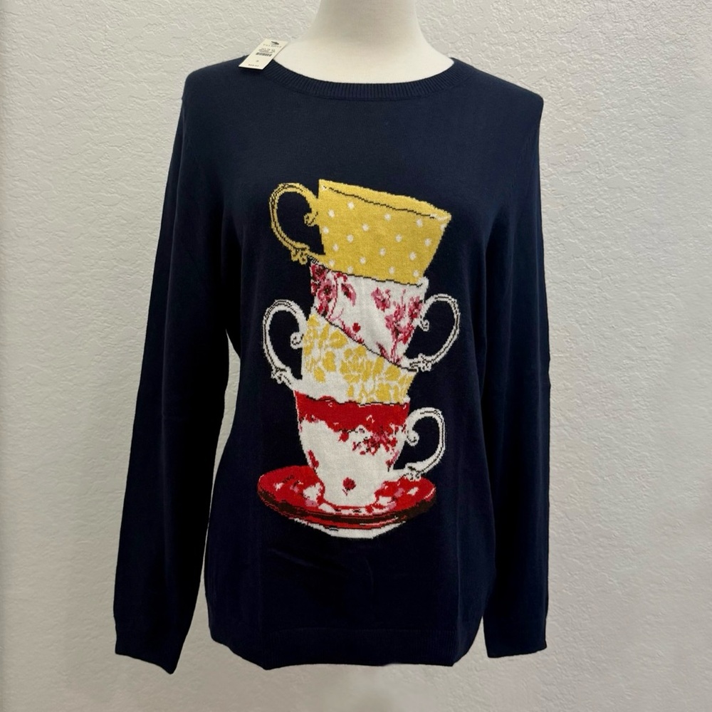NWT Talbots Teacups Sweater Navy Blue Small Soft Cotton Knit Top Long Sleeve